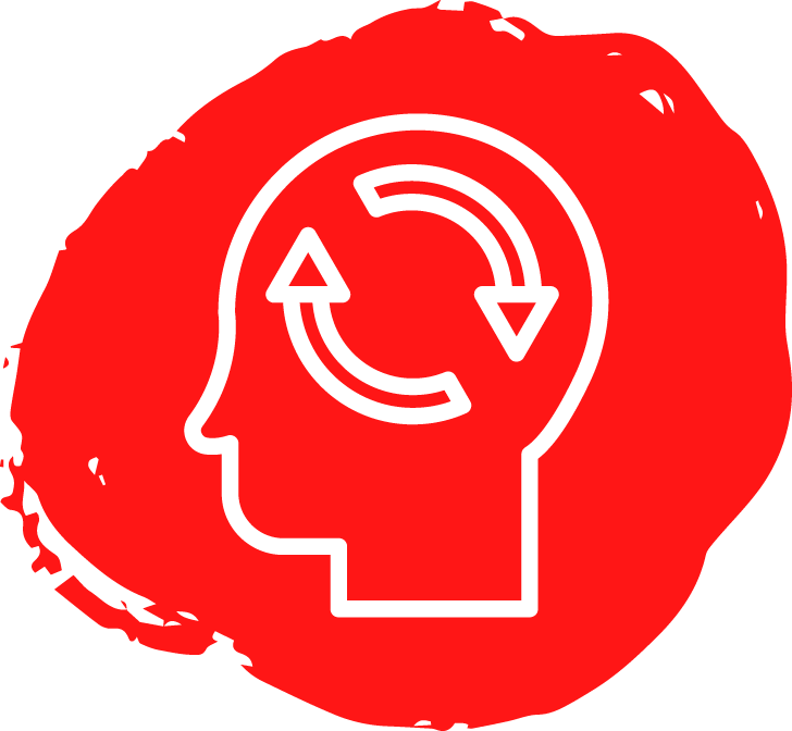 Red background with a white outline of a human head in profile, showing circular arrows inside, representing the concept of recycling or ongoing thought process. This imagery is often associated with mental health and can be especially relevant for an équipe mobile adolescent santé program.