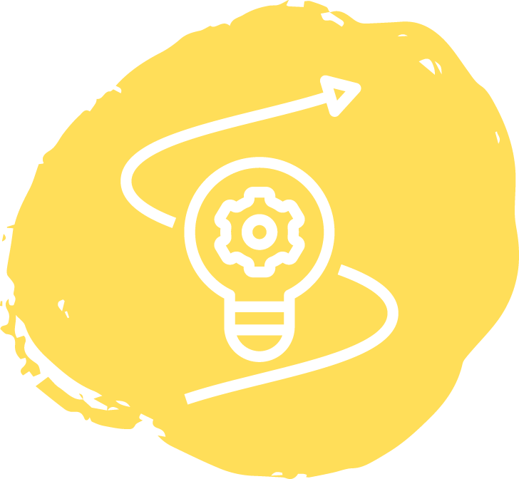 Illustration of a lightbulb with a gear inside, surrounded by a curved arrow pointing upwards, all set against a yellow brushstroke background, symbolizing the innovative approaches of an équipe mobile supporting adolescent mental health.