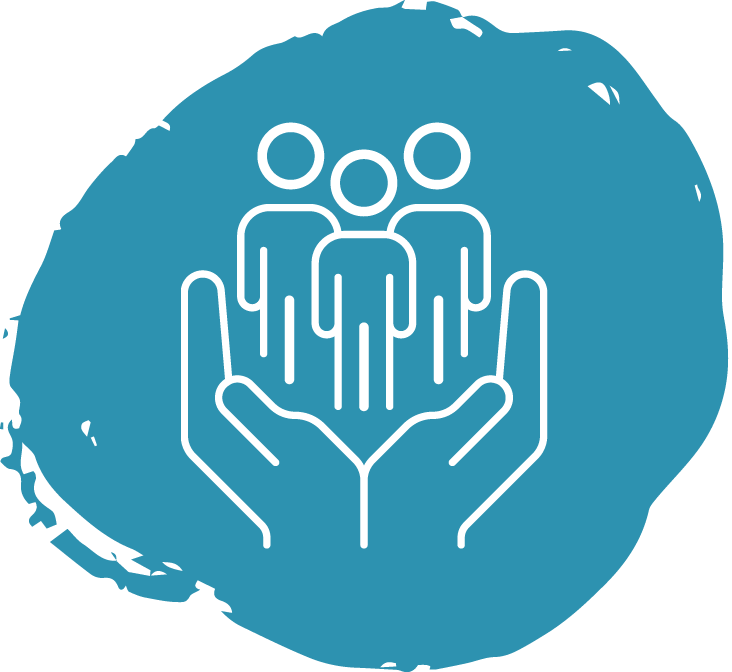 A blue icon depicting two open hands holding three simplified human figures, symbolizing the support and care provided by an équipe mobile for adolescent santé mental.