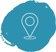 A white location pin icon on a blue circular paint splash background.