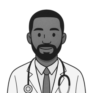 Illustration of a male doctor with a beard, wearing a white coat, tie, and stethoscope, facing forward against a plain background.