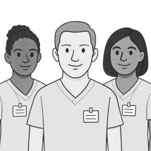 Illustration of three healthcare professionals wearing uniforms and name badges, standing together and facing forward.
