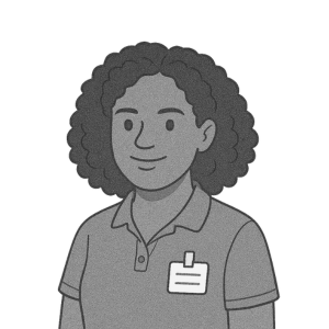 Illustration of a person with curly hair wearing a collared shirt and a name badge, facing forward with a neutral expression.