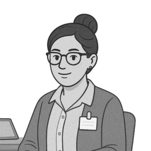Illustration of a woman with glasses and a bun, wearing a collared shirt, sweater, and name badge, sitting at a desk with a laptop.