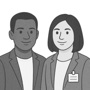 Two people wearing blazers are standing side by side and smiling; one has short hair, and the other has a shoulder-length bob and a visible name badge.