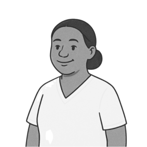 Illustration of a person with medium skin tone, dark hair tied back, wearing a white V-neck shirt, and smiling slightly.
