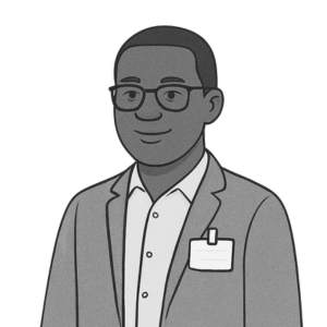 Illustration of a man wearing glasses, a suit jacket, and a collared shirt, with a name badge clipped to his lapel.